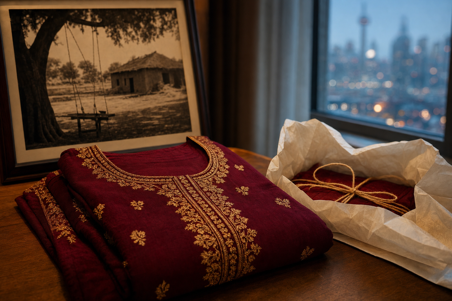 A maroon phulkari suit folded beside a framed black-and-white village photograph, a city skyline glowing in the window
