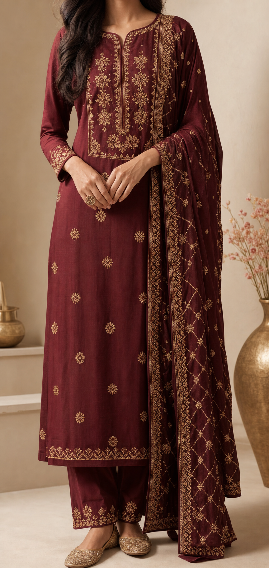 Baagh Signature maroon phulkari suit