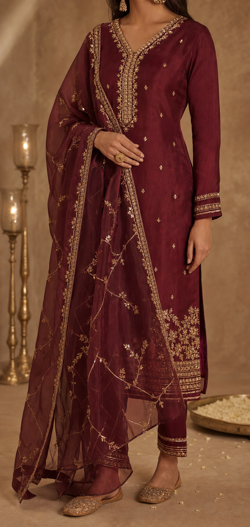 Wedding Guest Edit wine chanderi suit